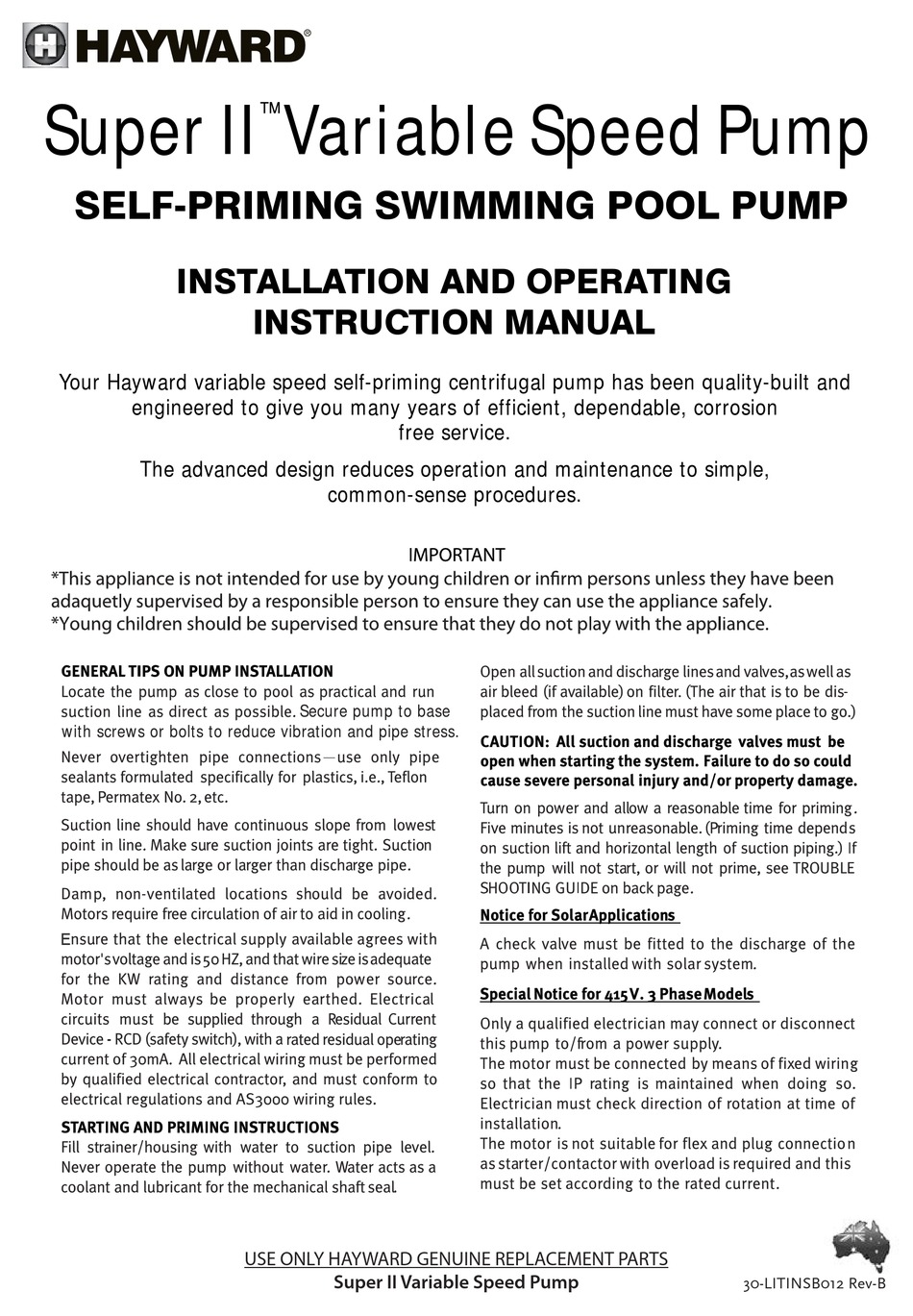 HAYWARD SUPER II INSTALLATION AND OPERATING INSTRUCTION MANUAL Pdf