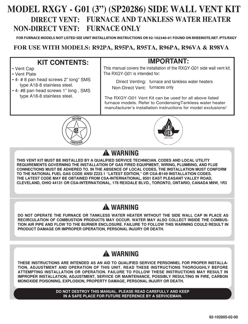 RHEEM RXGY - G01 INSTALLATION INSTRUCTIONS Pdf Download | ManualsLib