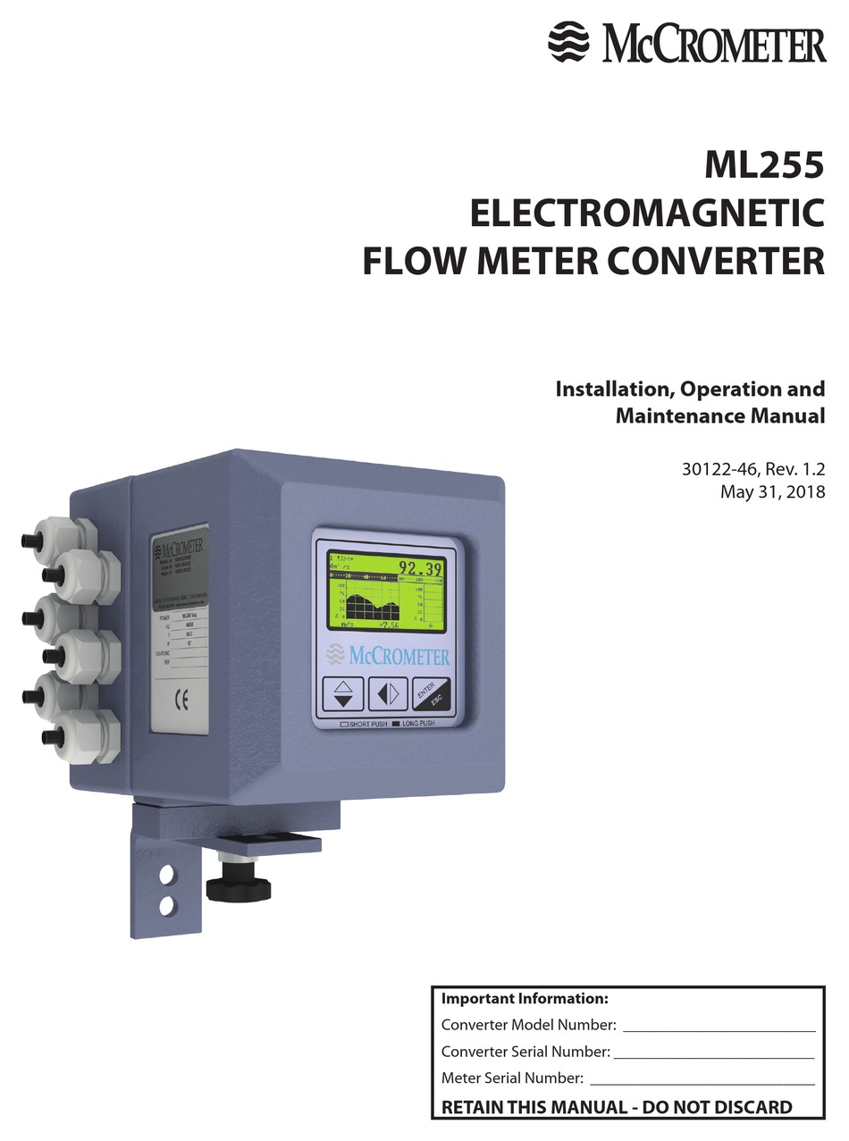 MCCROMETER ML255 INSTALLATION, OPERATION AND MAINTENANCE MANUAL Pdf