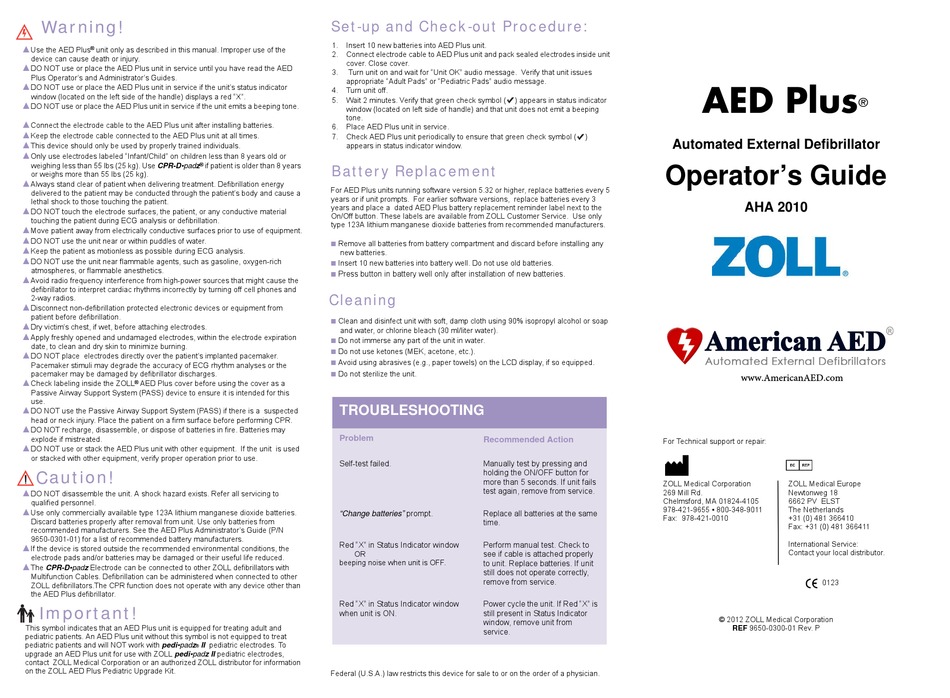 ZOLL AED PLUS AHA 2010 OPERATOR'S MANUAL Pdf Download ManualsLib