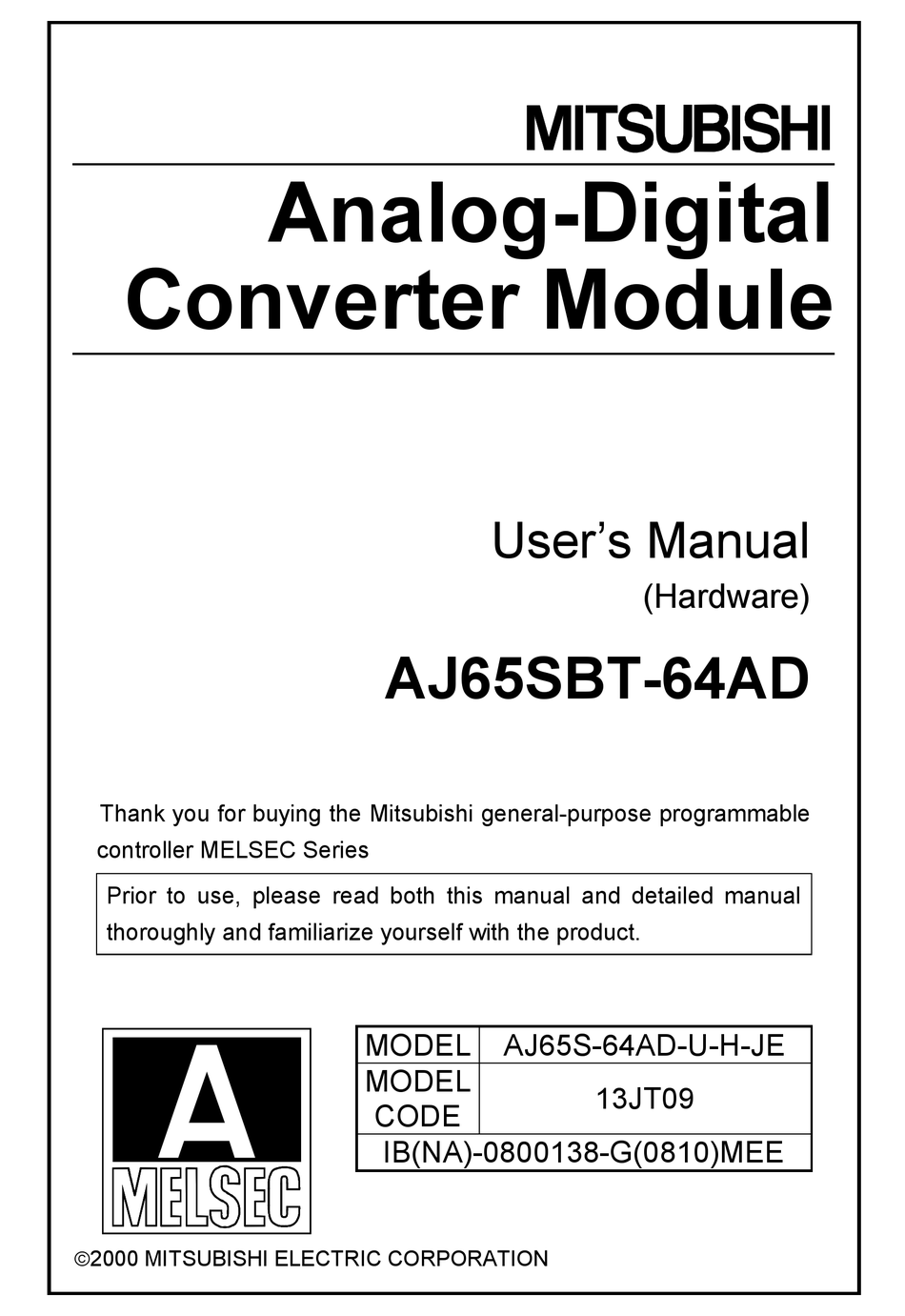 MITSUBISHI AJ65SBT-64AD USER MANUAL Pdf Download | ManualsLib