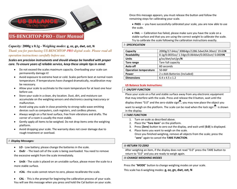 Digital Tabletop Scale  US-Benchtop-PRO - 2000 g. x 0.1 g