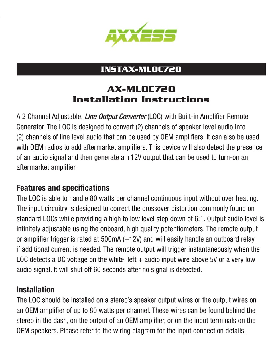AXXESS INSTAX-MLOC720 INSTALLATION INSTRUCTIONS Pdf Download | ManualsLib Adjustable Line Output Converter ManualsLib
