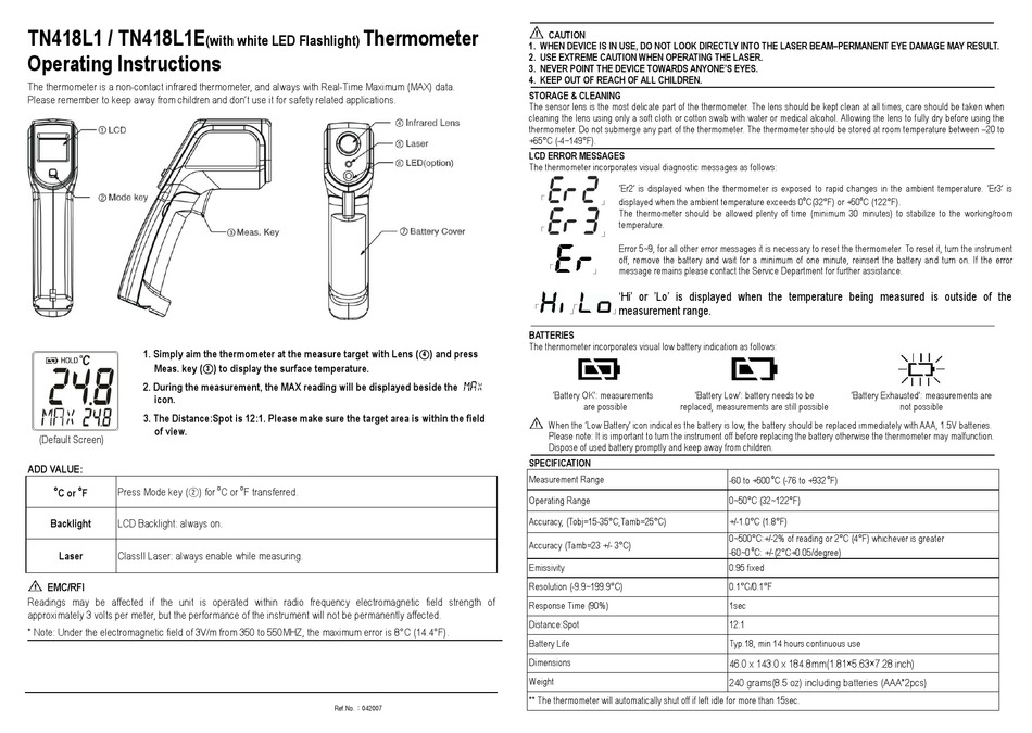 Metris Instruments Model TN418L1 Non-Contact Digital 8-Point Laser Professional Grade Infrared Thermometer Temperature Gun