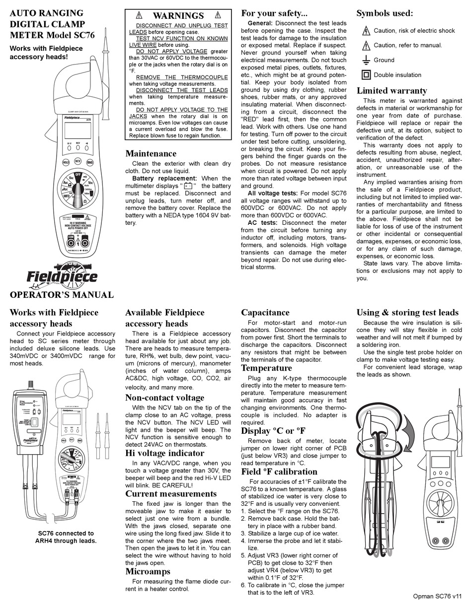 Fieldpiece sc76 hvac r clamp meter with temperature and capacitance Fieldpiece Sc76 Operator S Manual Pdf Download Manualslib