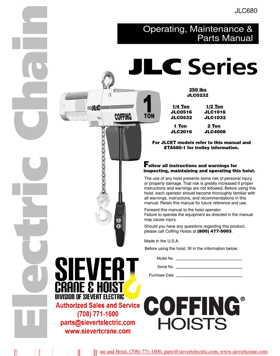 COFFING HOISTS JLC0232 OPERATING, MAINTENANCE AND PARTS MANUAL Pdf