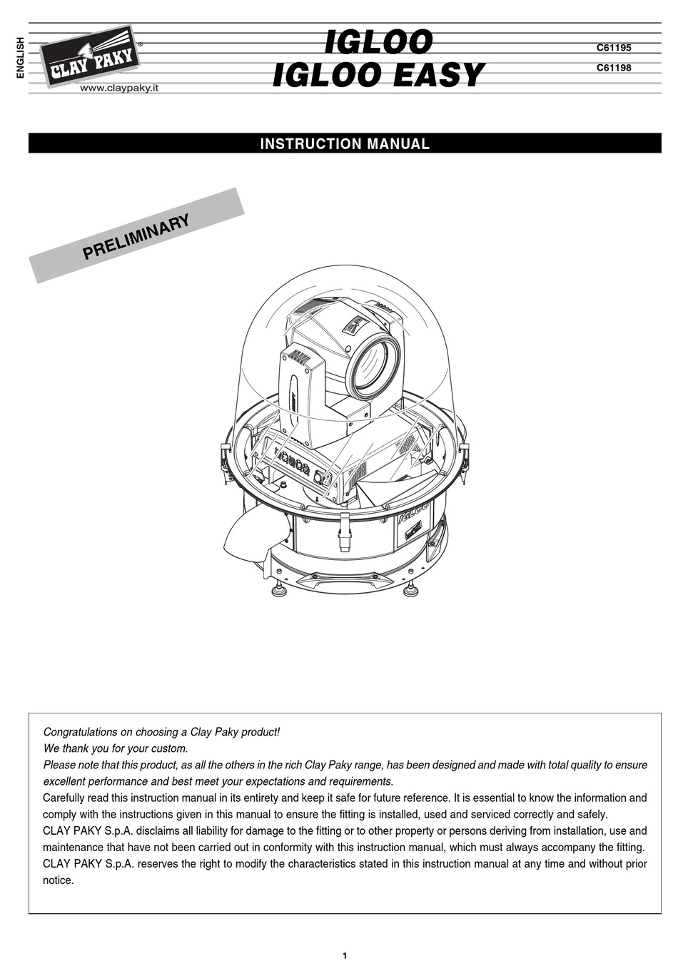 CLAY PAKY IGLOO INSTRUCTION MANUAL Pdf Download ManualsLib