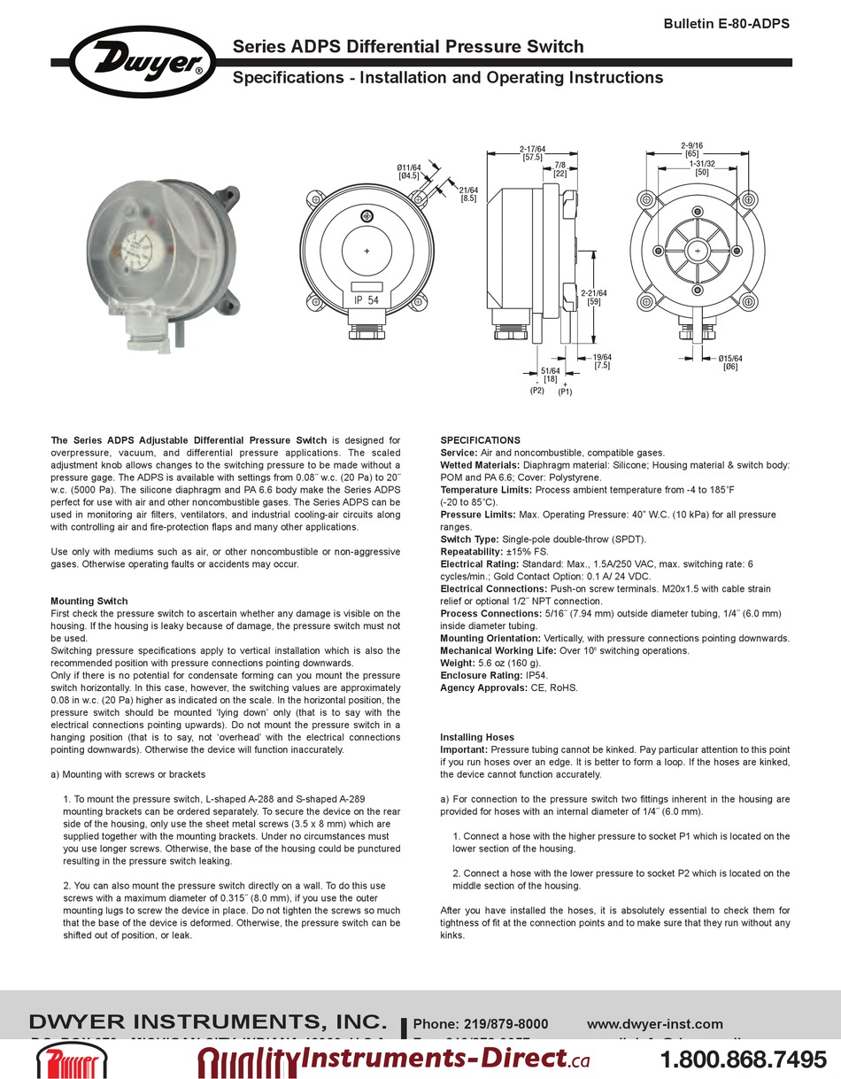 DWYER INSTRUMENTS ADPS-08-2-N SPECIFICATIONS-INSTALLATION AND OPERATING ...
