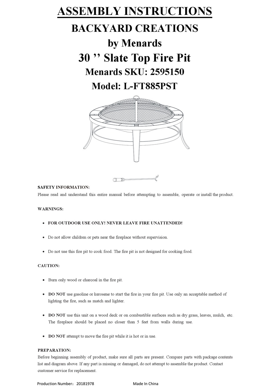 menards fire pit on Menards L Ft885pst Assembly Instructions Pdf Download Manualslib