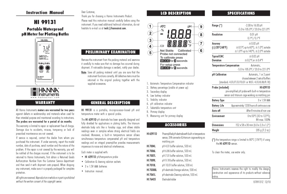 HANNA INSTRUMENTS HI 99131 INSTRUCTION MANUAL Pdf Download ManualsLib