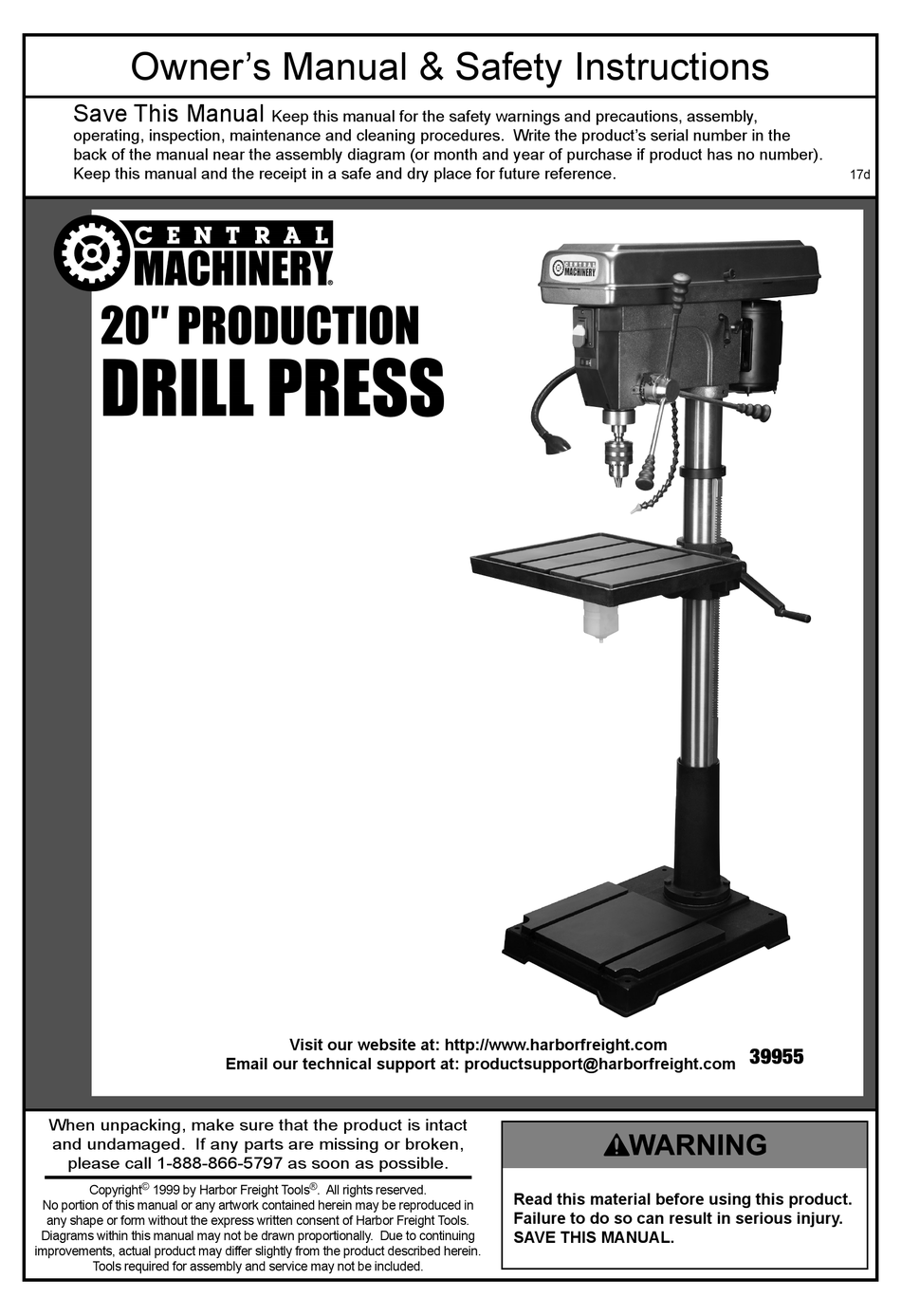 CENTRAL MACHINERY 39955 OWNER'S MANUAL & SAFETY INSTRUCTIONS Pdf