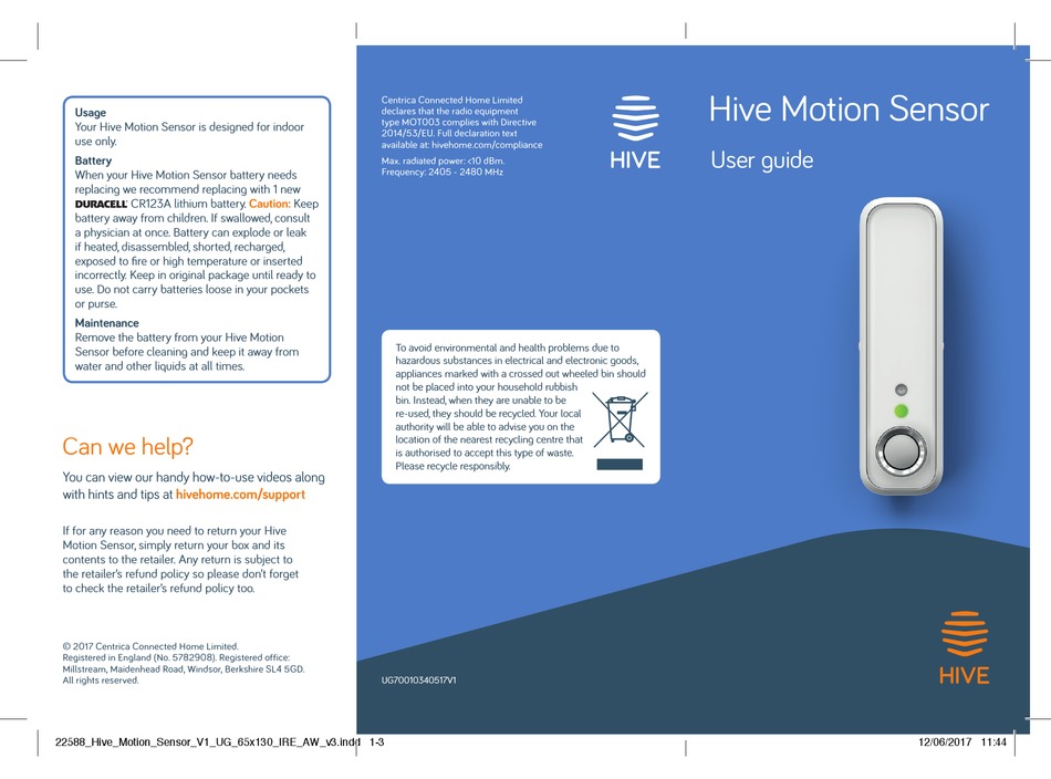 HIVE MOTION SENSOR USER MANUAL Pdf Download ManualsLib