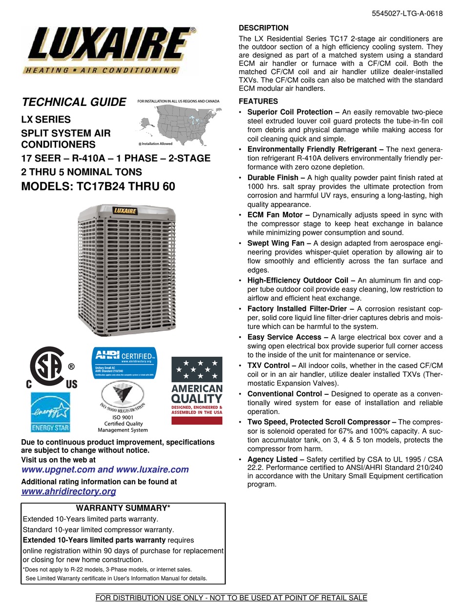 Luxaire Tc17b2421s Technical Manual Pdf Download Manualslib