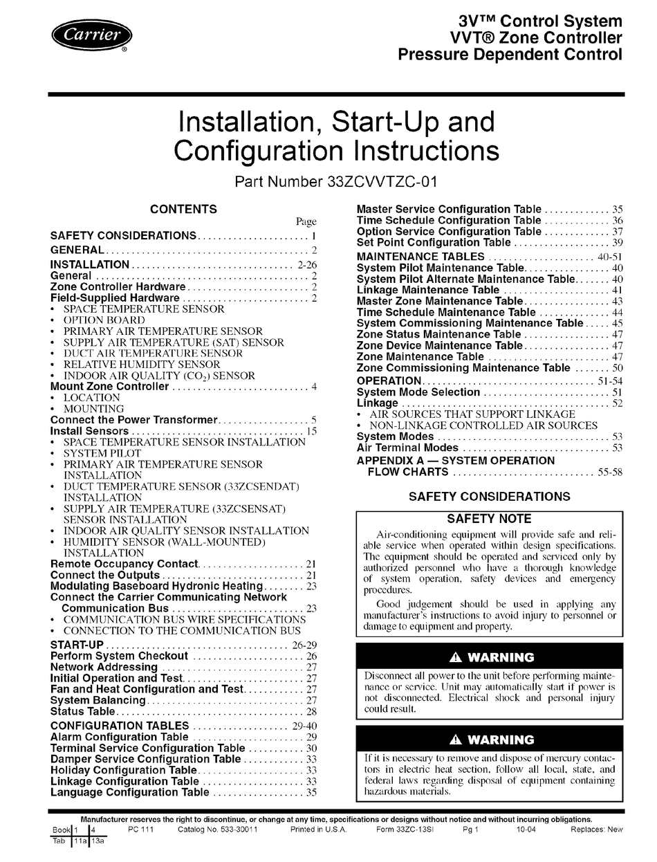 CARRIER 3V VVT 33ZCVVTZC01 INSTALLATION AND STARTUP INSTRUCTIONS