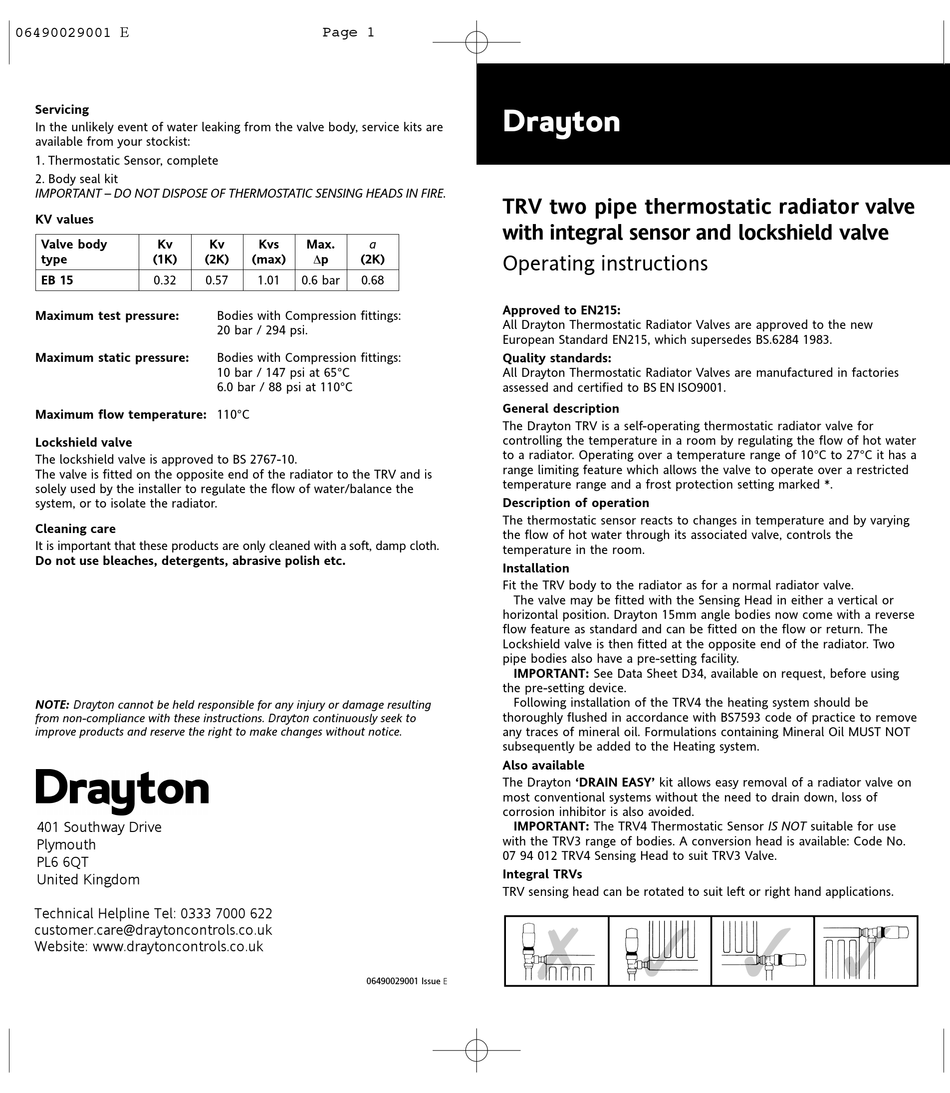 Drayton TRV4 Cromo 07 05 170 15MM Válvula Termostática Radiador Manual Válvula