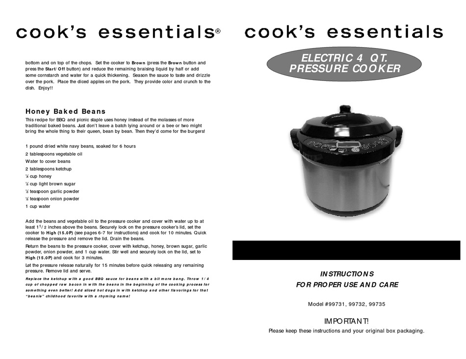 Cook's Essentials Electric Pressure Cooker 99700 & 99740 Manual