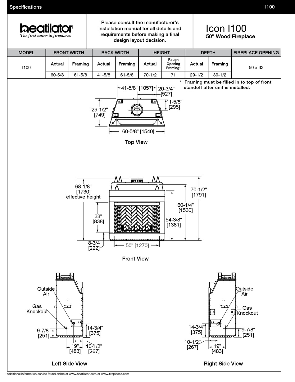 HEATILATOR ICON I100 DIMENSION MANUAL Pdf Download ManualsLib
