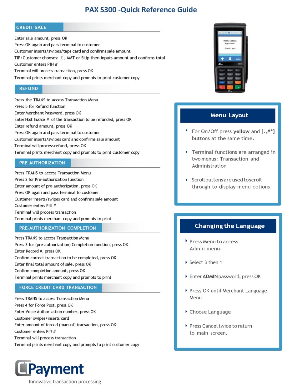 PAX S300 QUICK REFERENCE MANUAL Pdf Download | ManualsLib