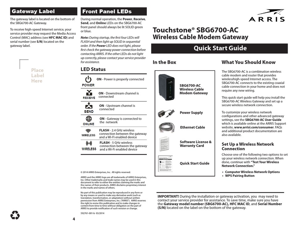 ARRIS TOUCHSTONE SBG6700AC QUICK START MANUAL Pdf Download ManualsLib