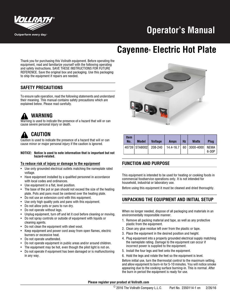 Vollrath - 40739 - Cayenne Electric Hot Plate