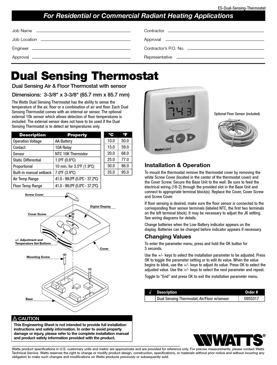 WATTS DUAL SENSING THERMOSTAT INSTALLATION & OPERATION Pdf Download