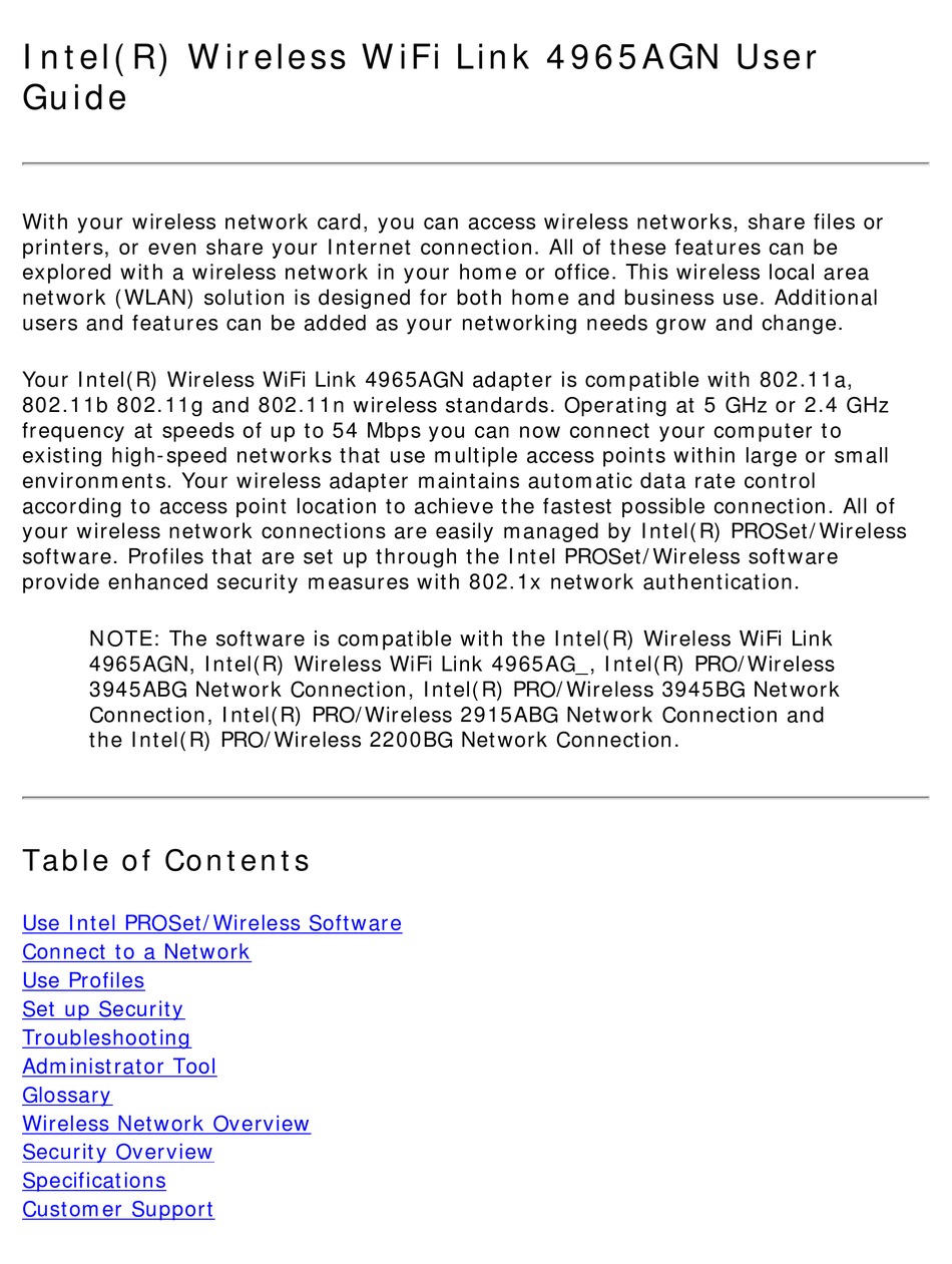 intel r wireless wifi link 4965agn driver vista