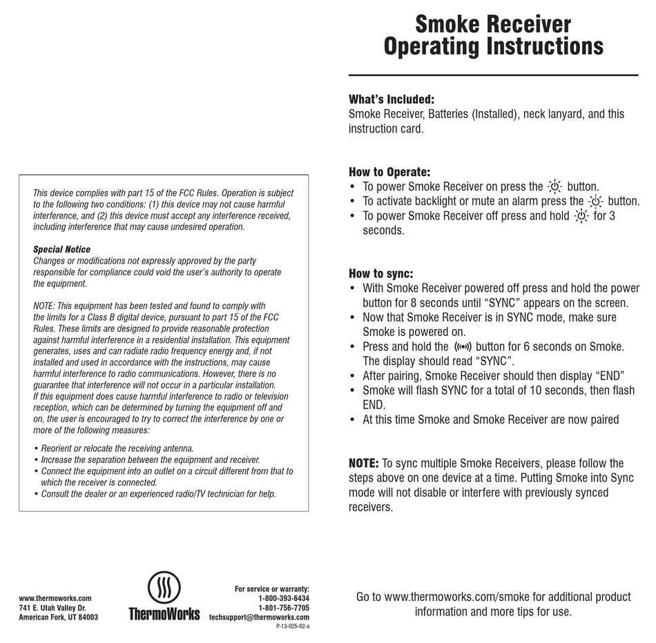 THERMOWORKS SMOKE RECEIVER OPERATING INSTRUCTIONS Pdf Download ManualsLib