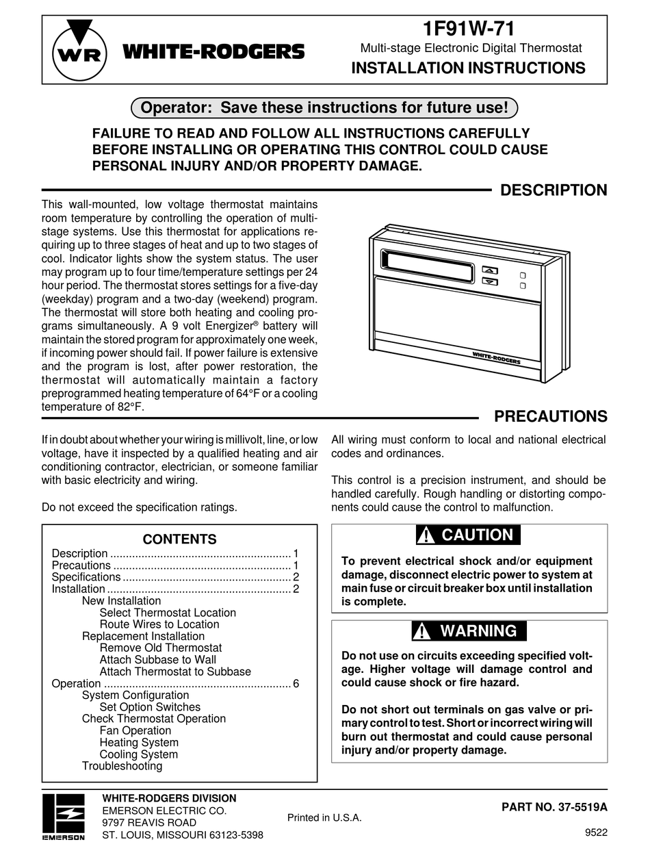 WHITE RODGERS 1F91W-71 INSTALLATION INSTRUCTIONS MANUAL Pdf Download