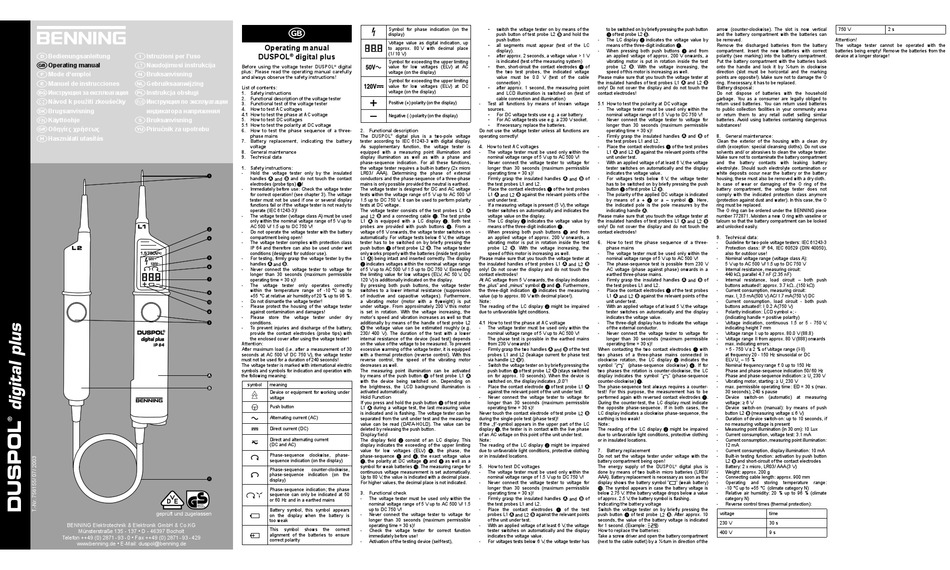 BENNING DUSPOL DIGITAL PLUS OPERATING MANUAL Pdf Download | ManualsLib