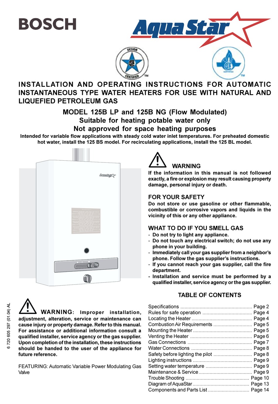 AQUASTAR 125B NG INSTALLATION AND OPERATING INSTRUCTIONS MANUAL