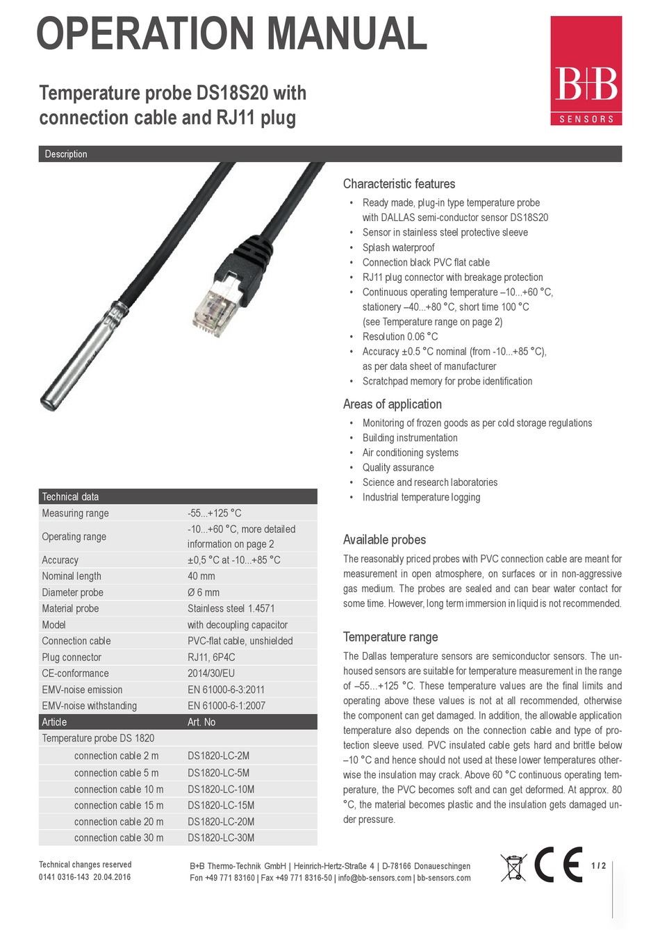 B+B SENSORS DS18S20 OPERATION MANUAL Pdf Download | ManualsLib