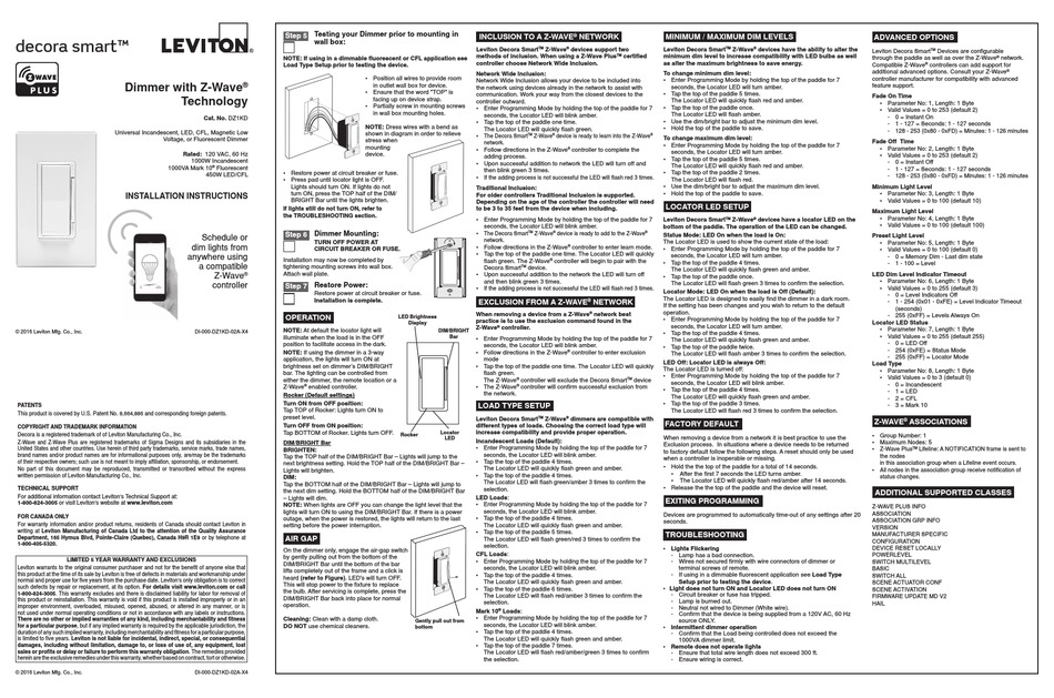 LEVITON DECORA SMART DZ1KD INSTALLATION INSTRUCTIONS AND OPERATORS