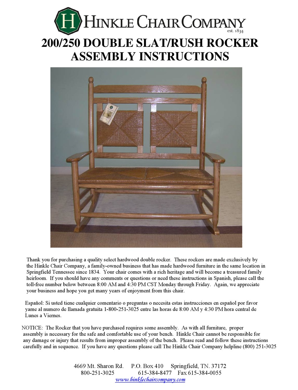 HINKLE CHAIR COMPANY 200 ASSEMBLY INSTRUCTIONS MANUAL Pdf Download