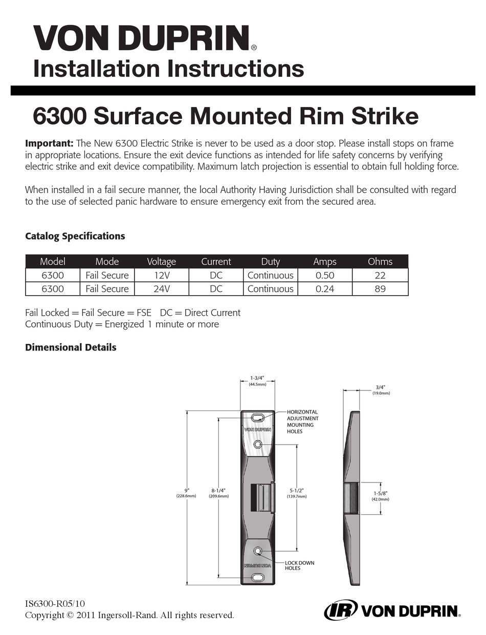 VON DUPRIN 6300 INSTALLATION INSTRUCTIONS Pdf Download ManualsLib