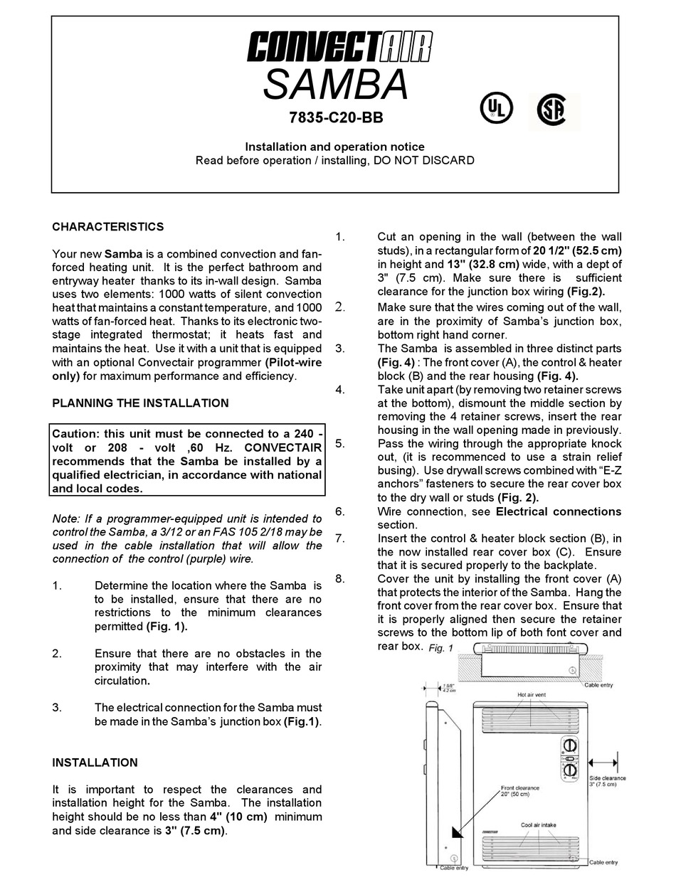 CONVECTAIR SAMBA INSTALLATION AND OPERATION NOTICE Pdf Download 