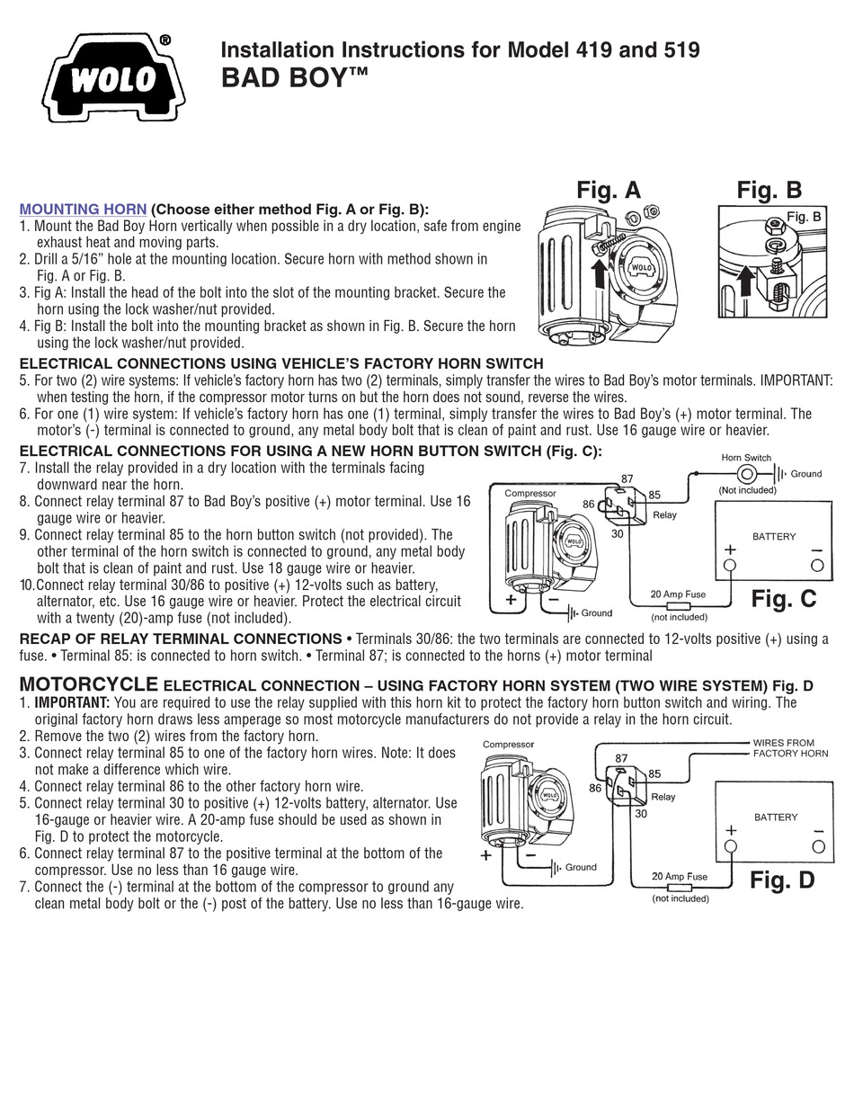 Wolo Bad Boy 419 Installation Instructions Pdf Download Manualslib