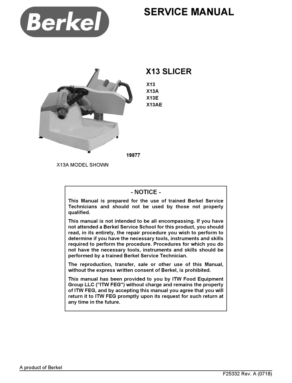 Berkel Berkel Models X-13 & X-13A Slicers Service Manual & Catalog Of Replacement Parts 