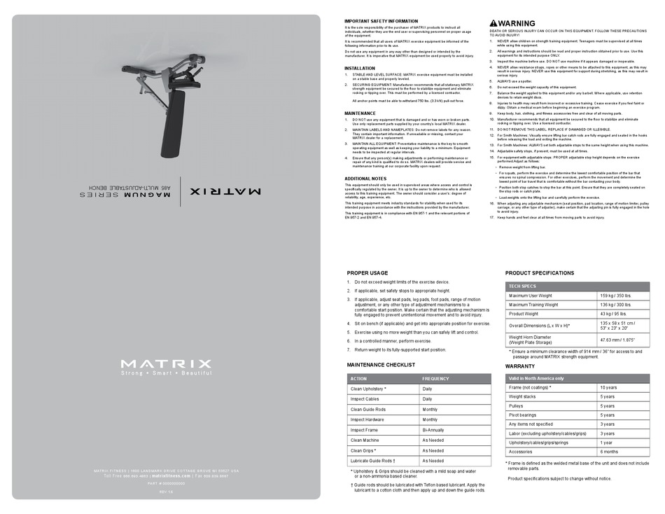MATRIX FITNESS A85 MANUAL Pdf Download ManualsLib