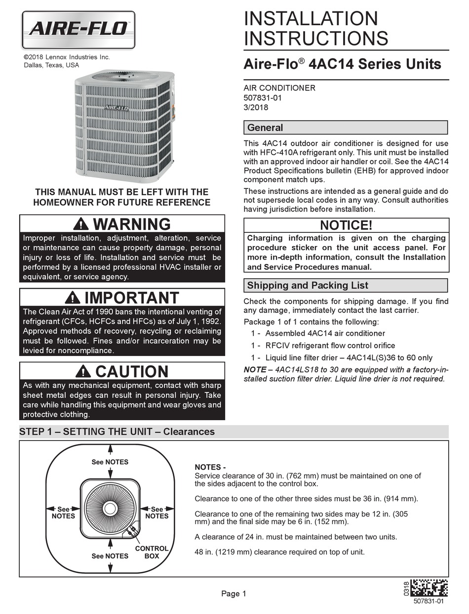 Aire Flo 4ac14ls24p Installation Instructions Manual Pdf Download Manualslib
