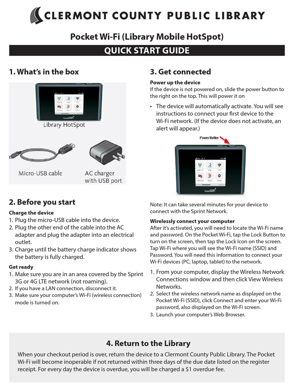 CLERMONT COUNTY PUBLIC LIBRARY POCKET WIFI QUICK START MANUAL Pdf