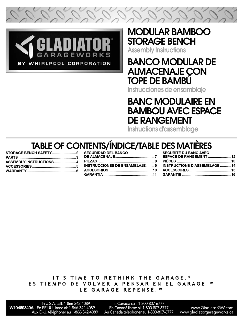 GLADIATOR MODULAR BAMBOO STORAGE BENCH ASSEMBLY INSTRUCTIONS MANUAL Pdf