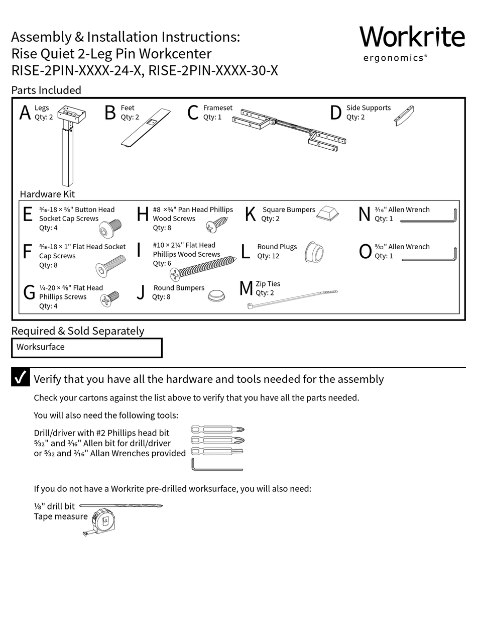 WORKRITE RISE2PINXXXX24X ASSEMBLY/INSTALLATION INSTRUCTIONS Pdf