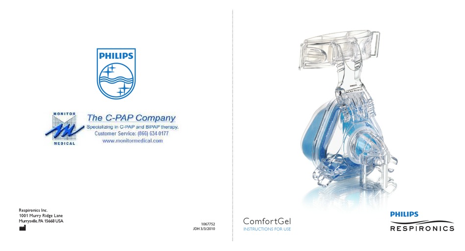 PHILIPS RESPIRONICS COMFORTGEL INSTRUCTIONS FOR USE MANUAL Pdf Download