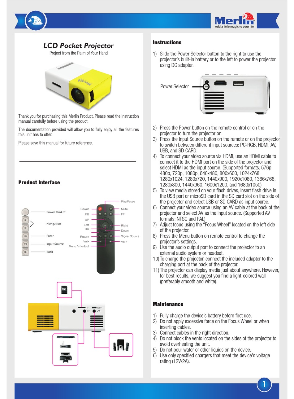 MERLIN LCD POCKET PROJECTOR MANUAL Pdf Download ManualsLib