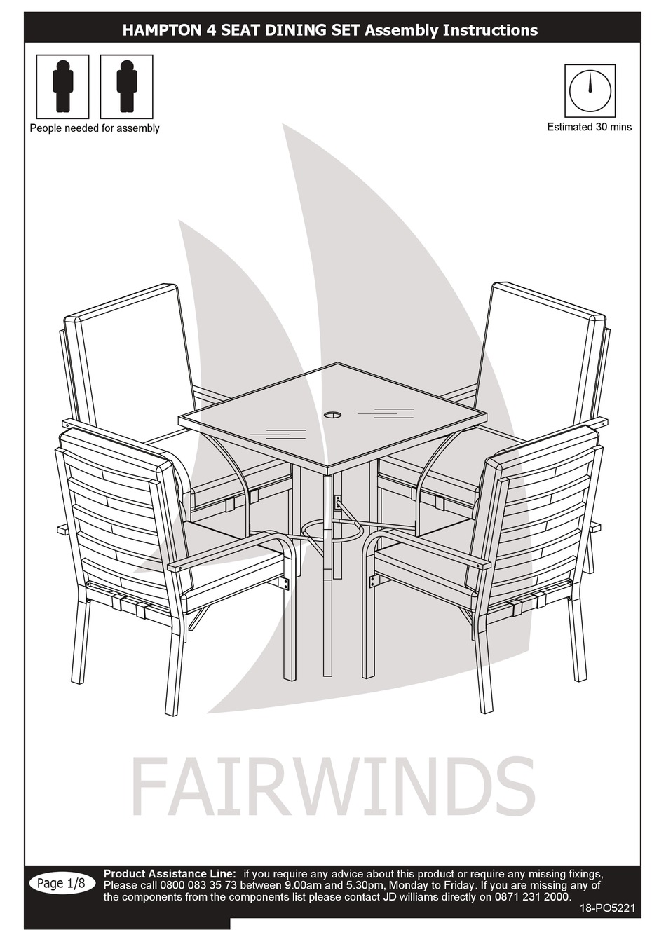 JD WILLIAMS LTD. HAMPTON 4 SEAT DINING SET ASSEMBLY INSTRUCTIONS MANUAL