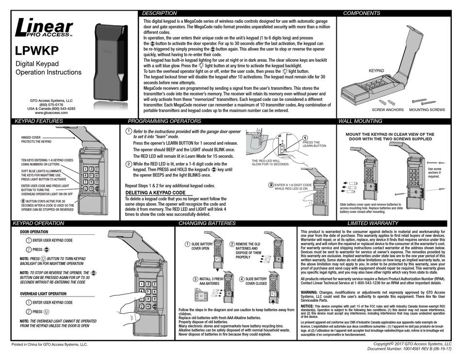 Linear Pro Access Lpwkp Operation, Linear Garage Door Opener Manual Release
