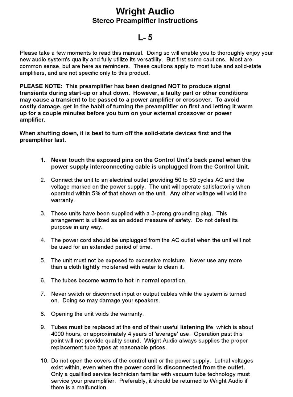 WRIGHT AUDIO L5 INSTRUCTIONS Pdf Download ManualsLib