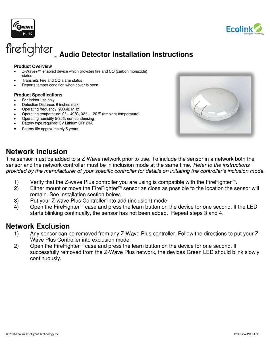 ECOLINK FIREFIGHTER INSTALLATION INSTRUCTIONS MANUAL Pdf Download