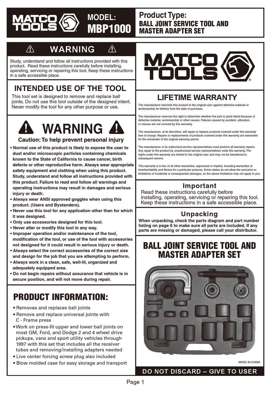 MATCO TOOLS MBP1000 INSTRUCTION MANUAL Pdf Download ManualsLib