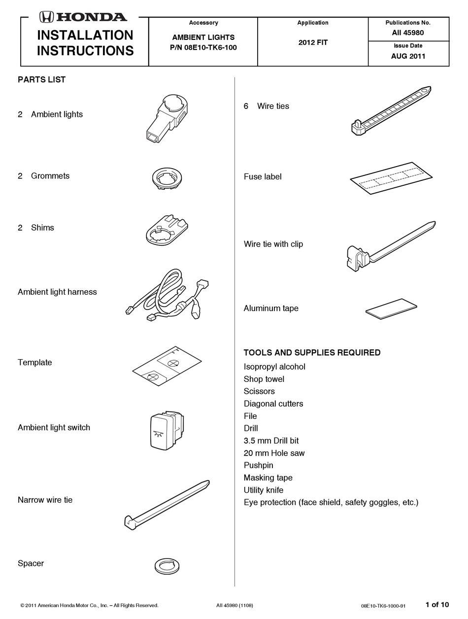 HONDA 08E10-TK6-100 INSTALLATION INSTRUCTIONS MANUAL Pdf Download ...